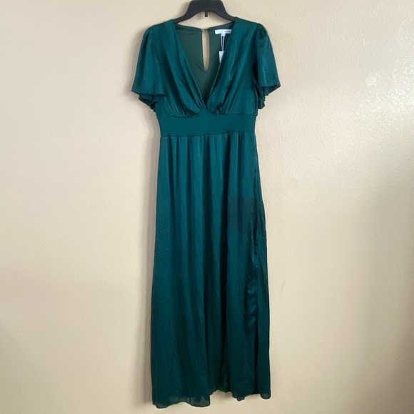 Baltic Born New Size L Prague Satin Smocked Empire‎ Waist Maxi Dress Dark Green - Picture 5 of 15